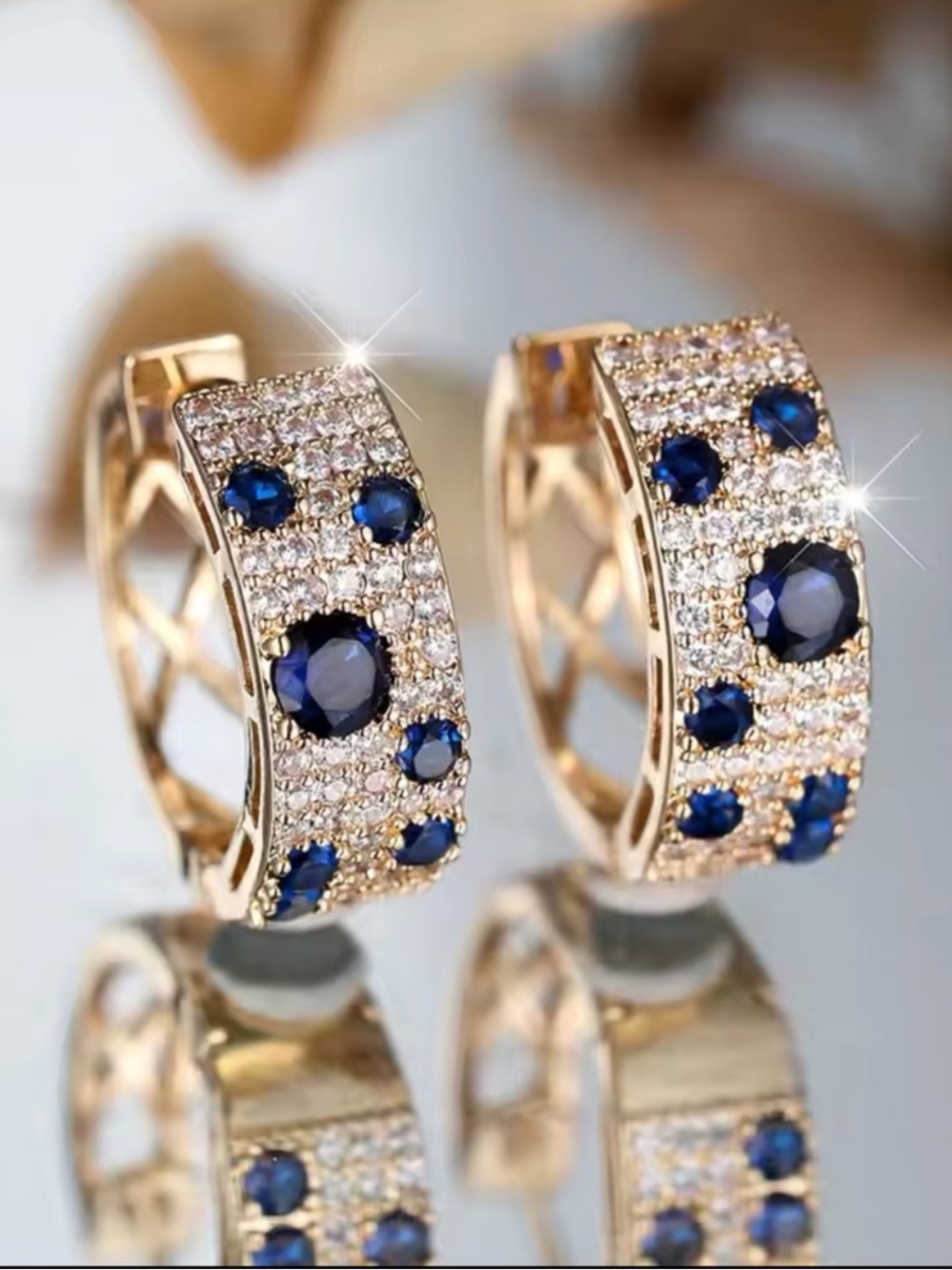 Blue Crystal Pavé Huggie Hoop Earrings Gold Tone Sparkle